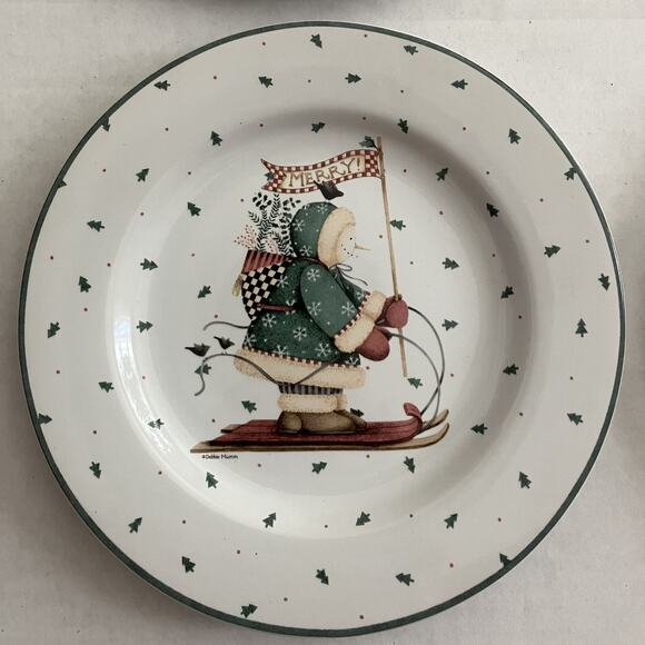 Sakura Debbie Mumm 4 Stoneware 8” Salad Dessert Plates Sledding Characters NOB - Picture 7 of 11